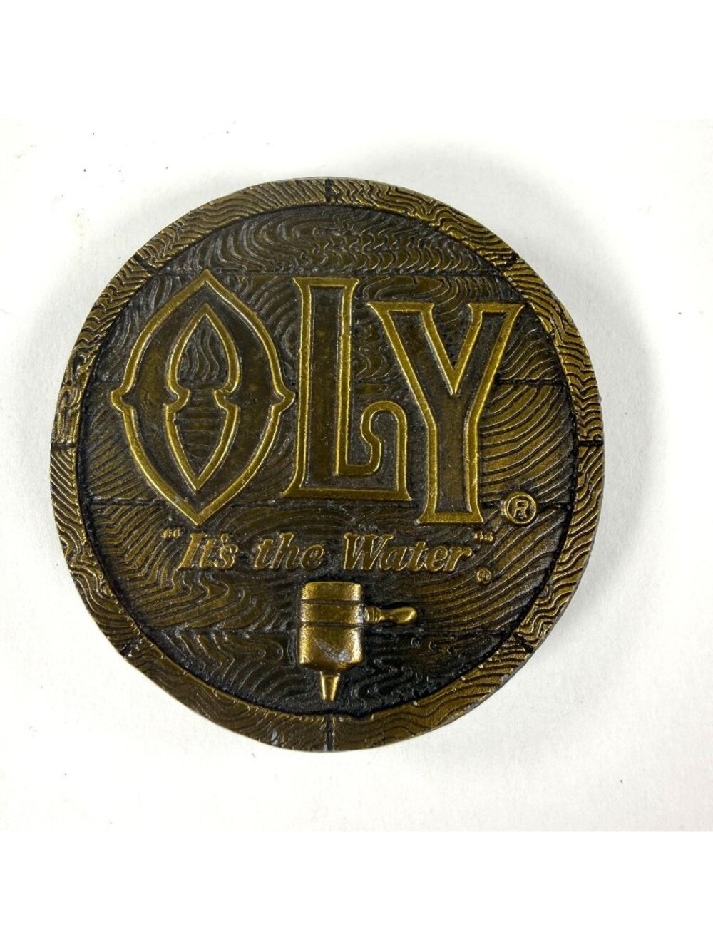Bergamot Brass Works Oly "Its The Water" Belt Buckle 1977 Solid Brass Round Vint